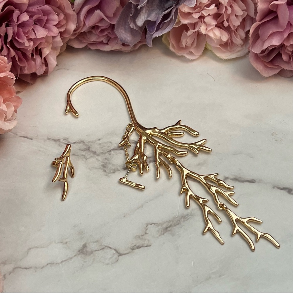 Boho Punk Asymmetric Long Dangling Gold Branch Cuff Earring - Picture 7 of 14